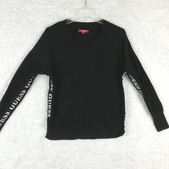 Guess Womens Sweater Pullover Black Logo Tape Sleeve V Neck High‎ Low Knit S - Picture 1 of 12
